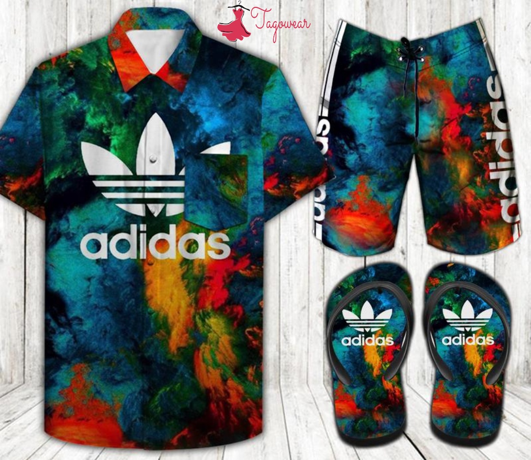 Adidas Combo Hawaiian Shirt, Beach Shorts Flip Flops Luxury Summer Clothes Style #320
