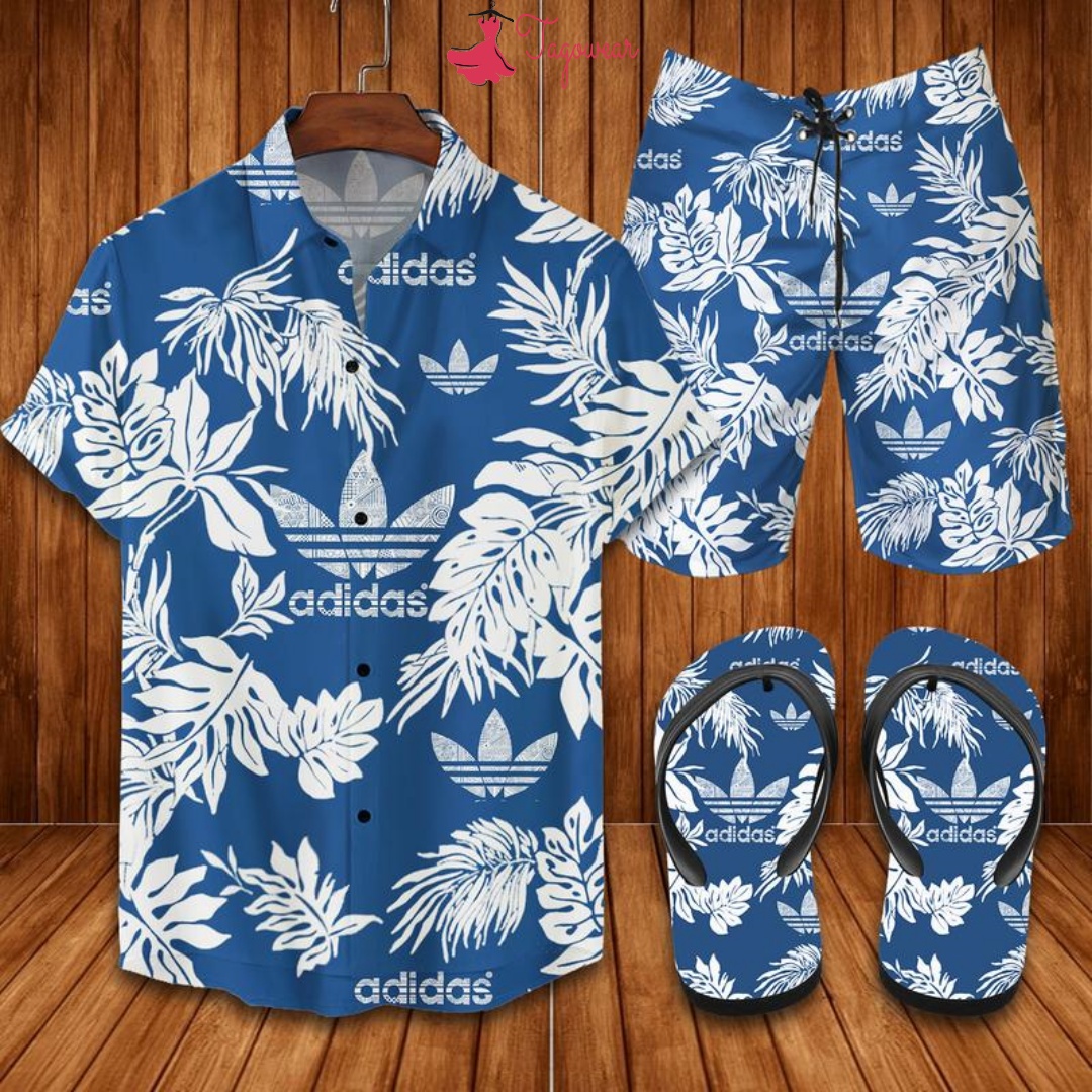 Adidas Flip Flops And Combo Hawaiian Shirt, Beach Shorts Luxury Summer Clothes Style #290