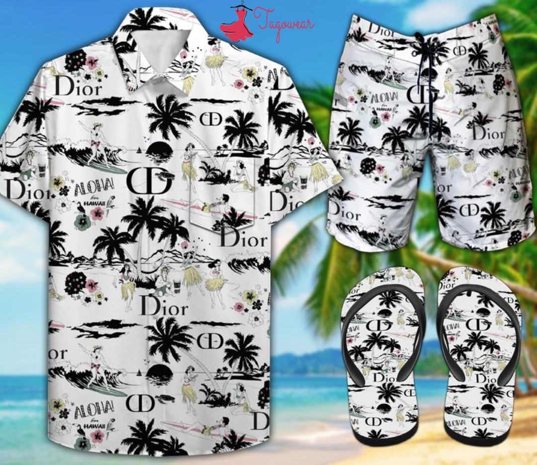 Dior Combo Hawaiian Shirt, Beach Shorts Flip Flops Luxury Summer Clothes Style #435