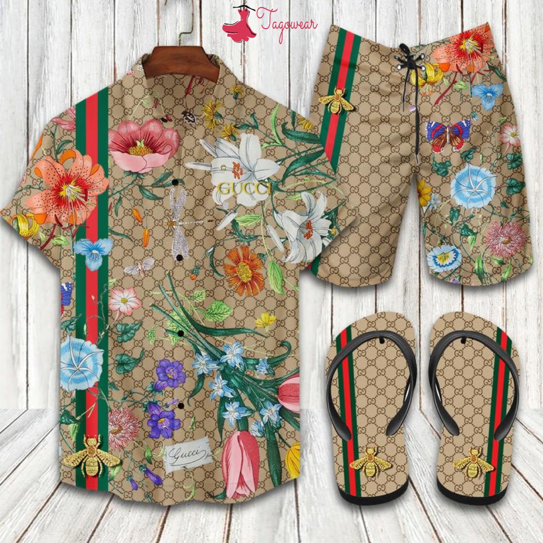 Gucci Combo Hawaiian Shirt, Beach Shorts Flip Flops Luxury Summer Clothes Style #103