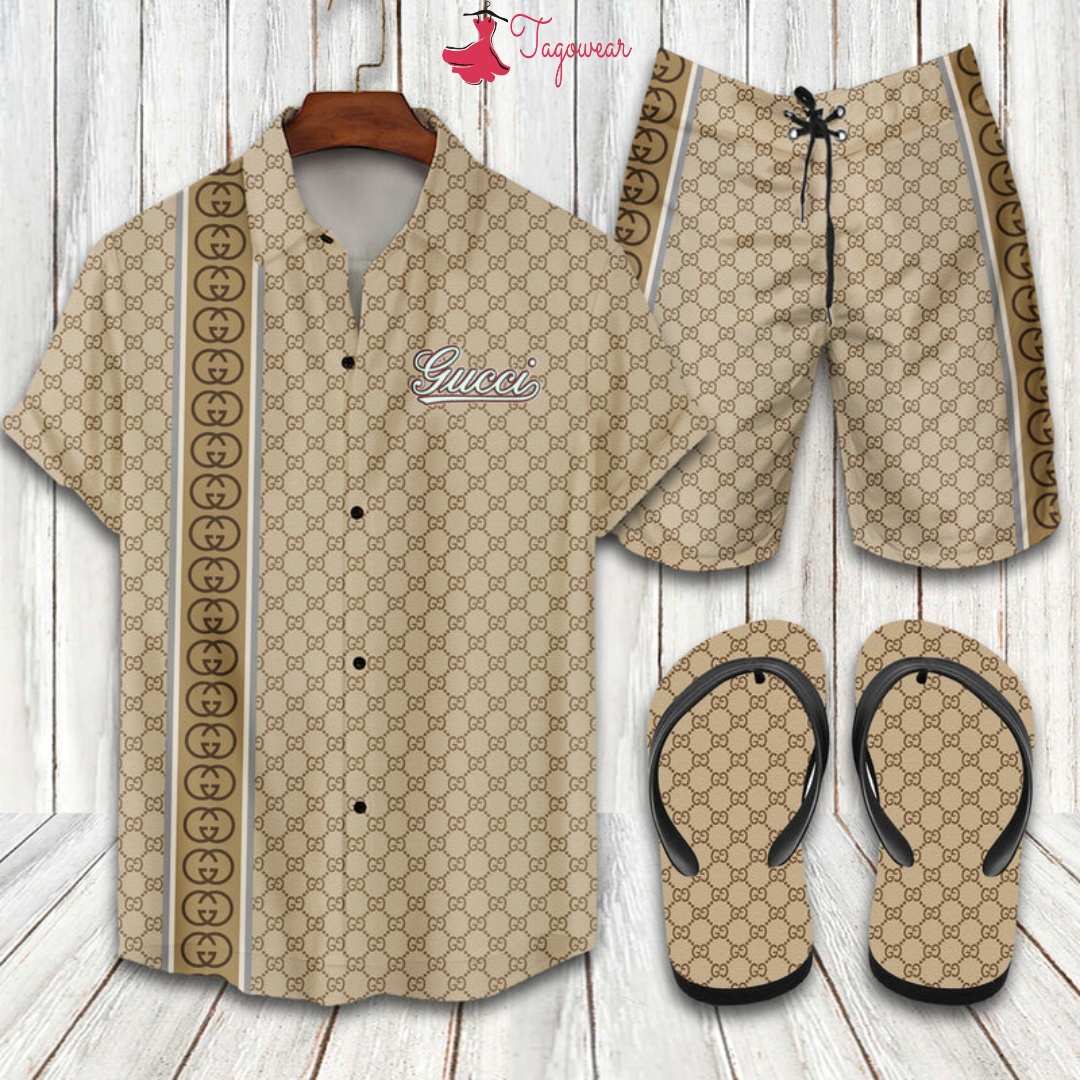 Gucci Flip Flops And Combo Hawaiian Shirt, Beach Shorts Luxury Summer Clothes Style #105