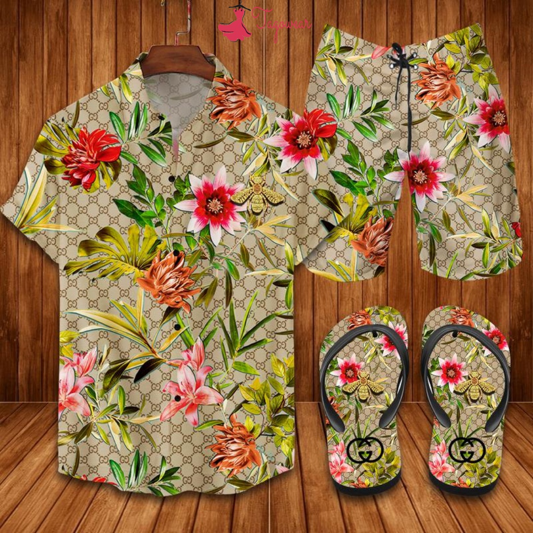 Gucci Flip Flops And Combo Hawaiian Shirt, Beach Shorts Luxury Summer Clothes Style #122