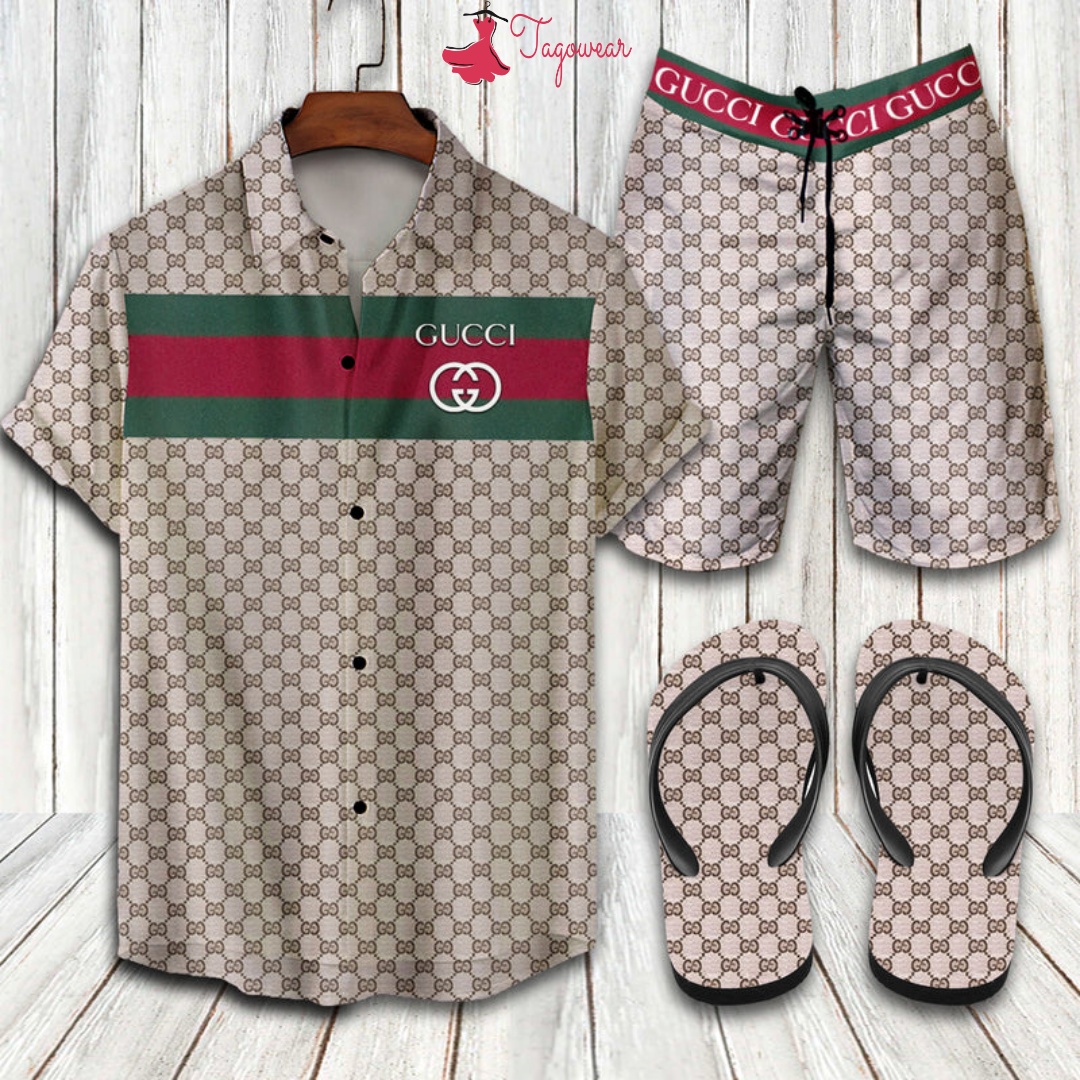 Gucci Flip Flops And Combo Hawaiian Shirt, Beach Shorts Luxury Summer Clothes Style #138