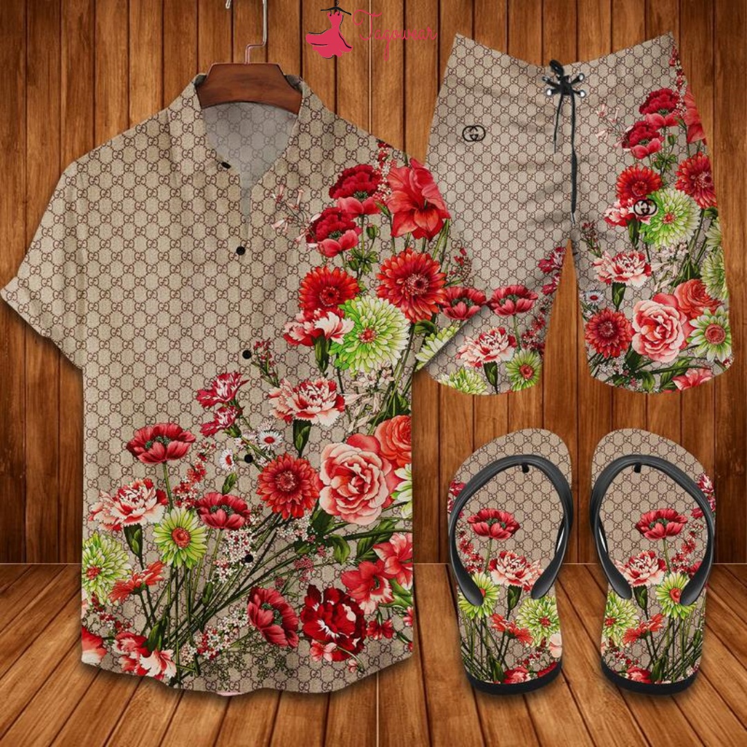 Gucci Flip Flops And Combo Hawaiian Shirt, Beach Shorts Luxury Summer Clothes Style #163