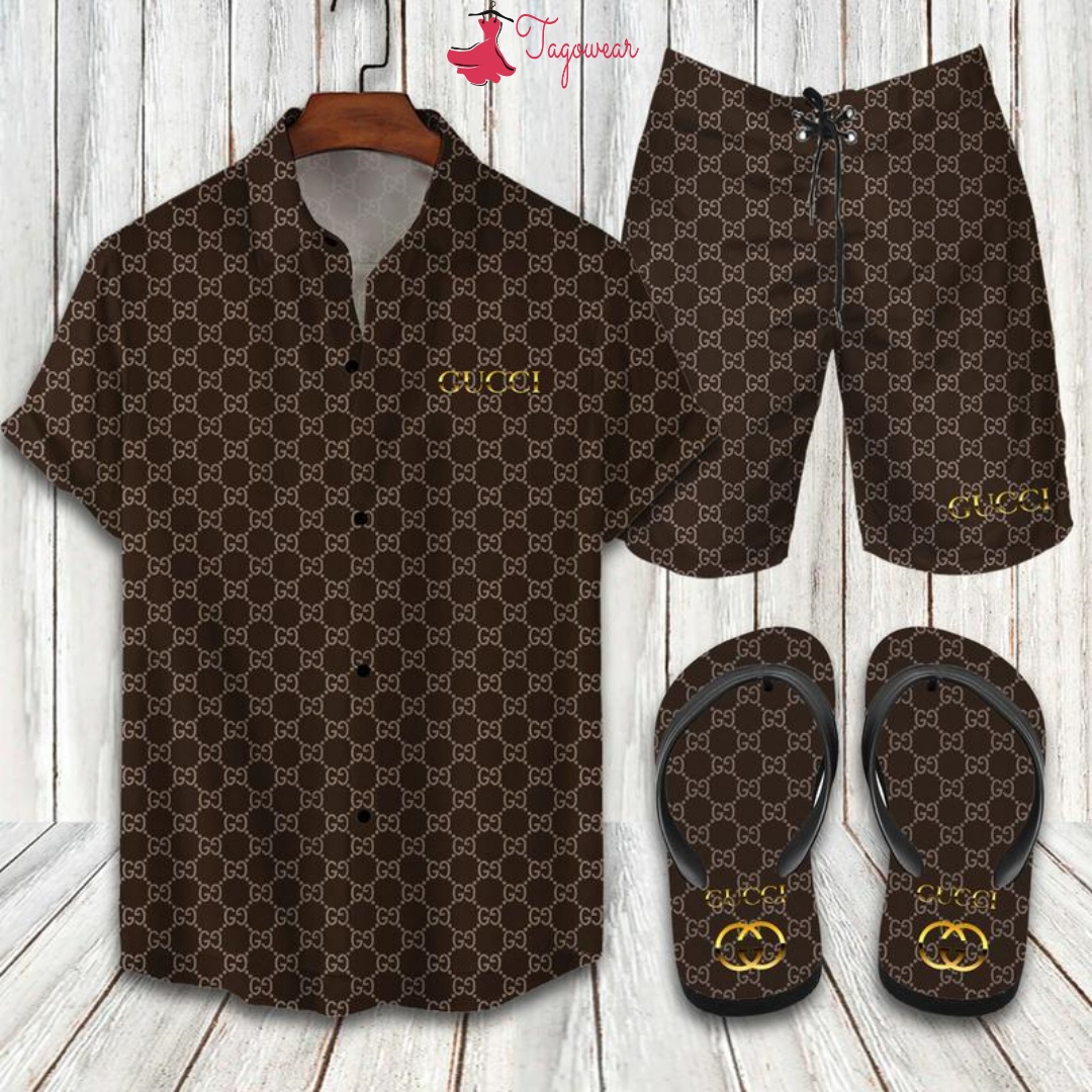 Gucci Flip Flops And Combo Hawaiian Shirt, Beach Shorts Luxury Summer Clothes Style #165