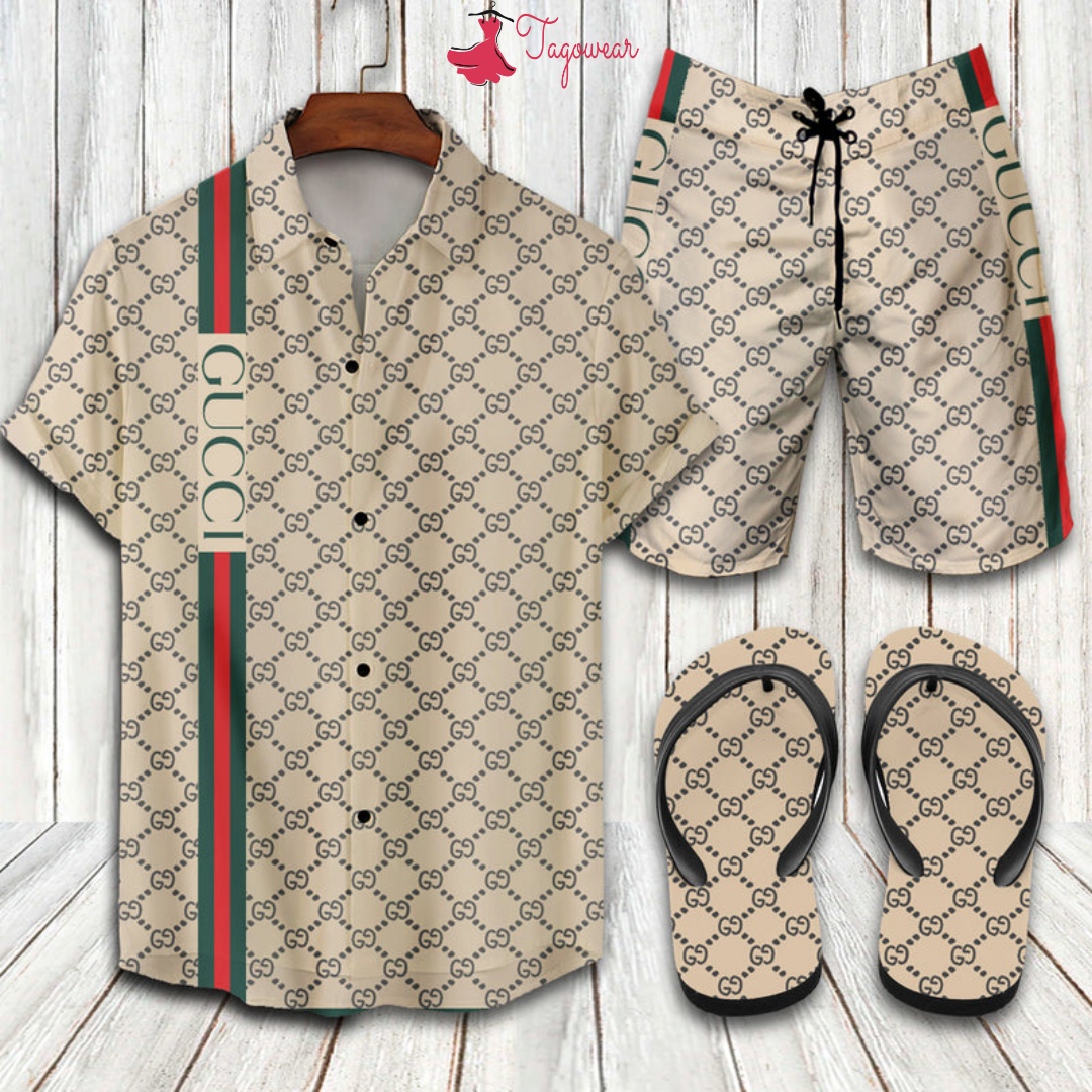 Gucci Flip Flops And Combo Hawaiian Shirt, Beach Shorts Luxury Summer Clothes Style #223