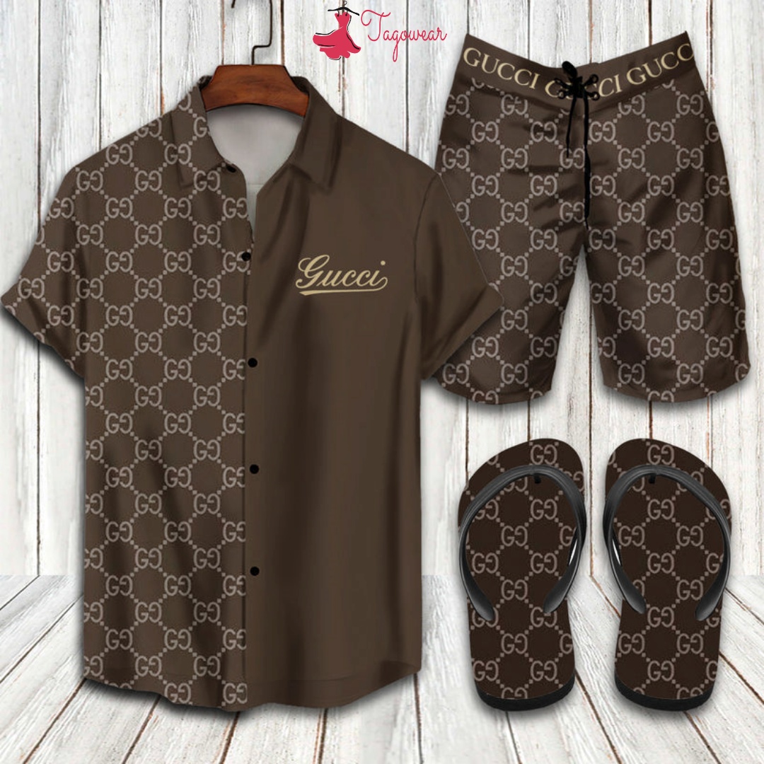 Gucci Flip Flops And Combo Hawaiian Shirt, Beach Shorts Luxury Summer Clothes Style #232