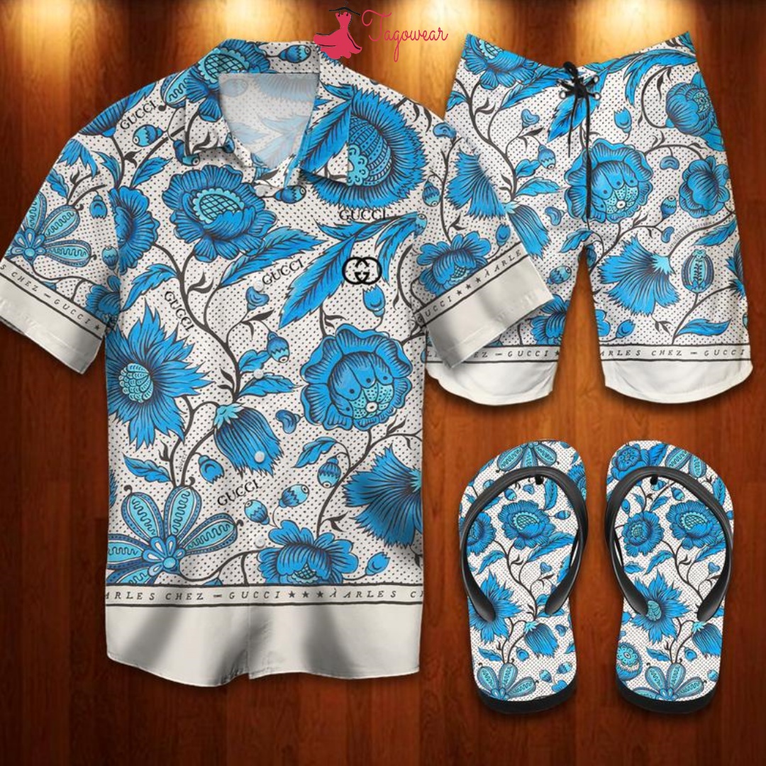 Gucci Flip Flops And Combo Hawaiian Shirt, Beach Shorts Luxury Summer Clothes Style #235