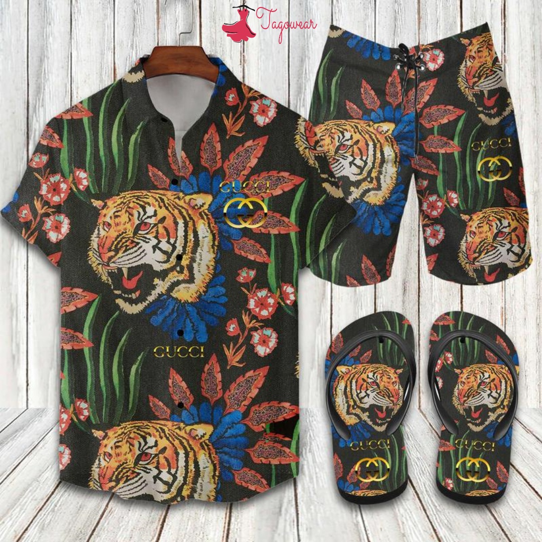 Gucci Flip Flops And Combo Hawaiian Shirt, Beach Shorts Luxury Summer Clothes Style #239
