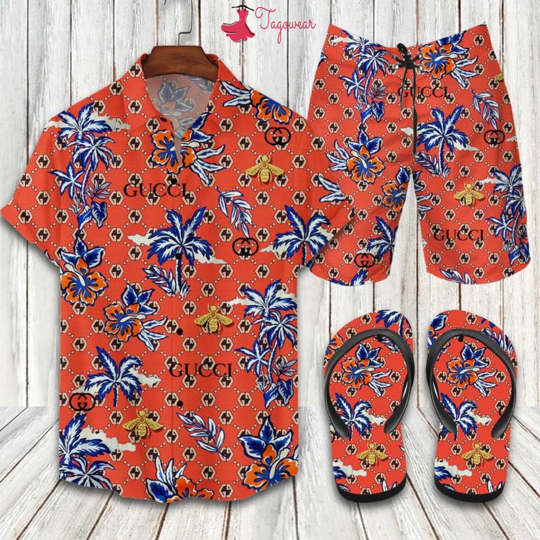 Gucci Flip Flops And Combo Hawaiian Shirt, Beach Shorts Luxury Summer Clothes Style #254