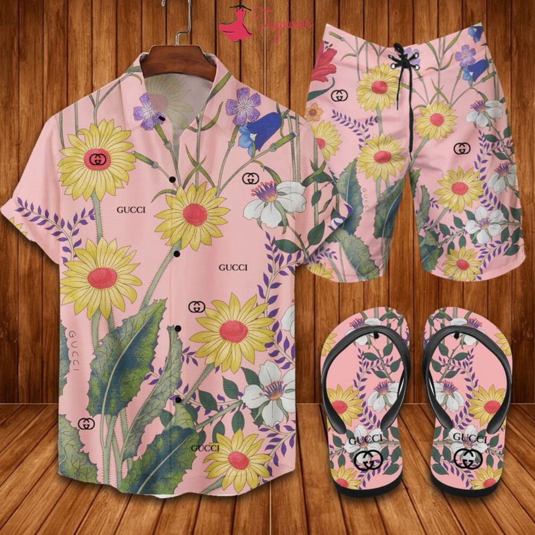 Gucci Flip Flops And Combo Hawaiian Shirt, Beach Shorts Luxury Summer Clothes Style #255