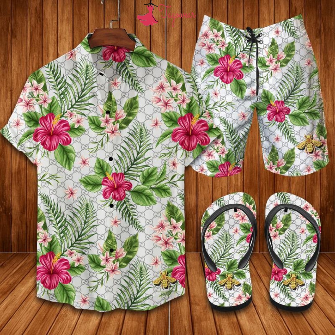 Gucci Flip Flops And Combo Hawaiian Shirt, Beach Shorts Luxury Summer Clothes Style #281