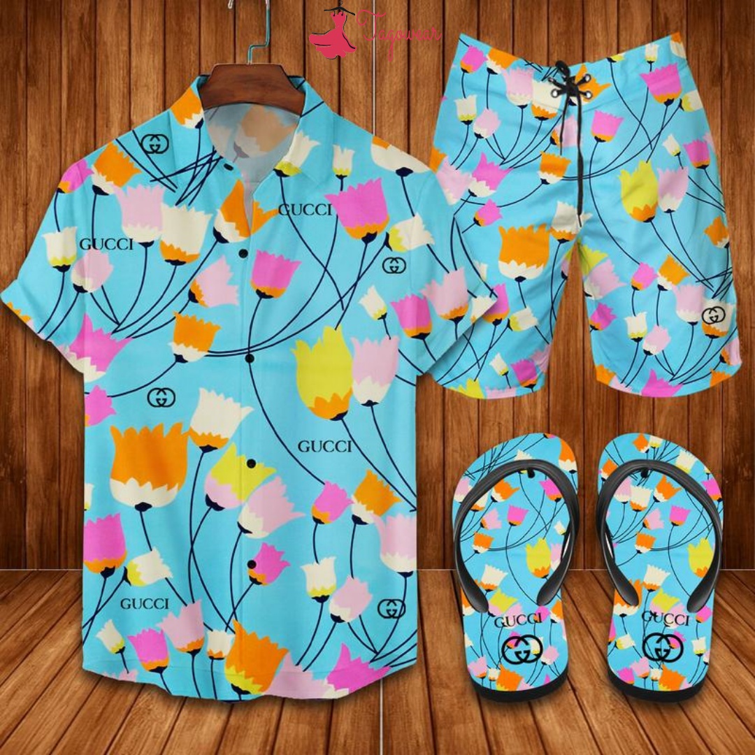 Gucci Flip Flops And Combo Hawaiian Shirt, Beach Shorts Luxury Summer Clothes Style #282