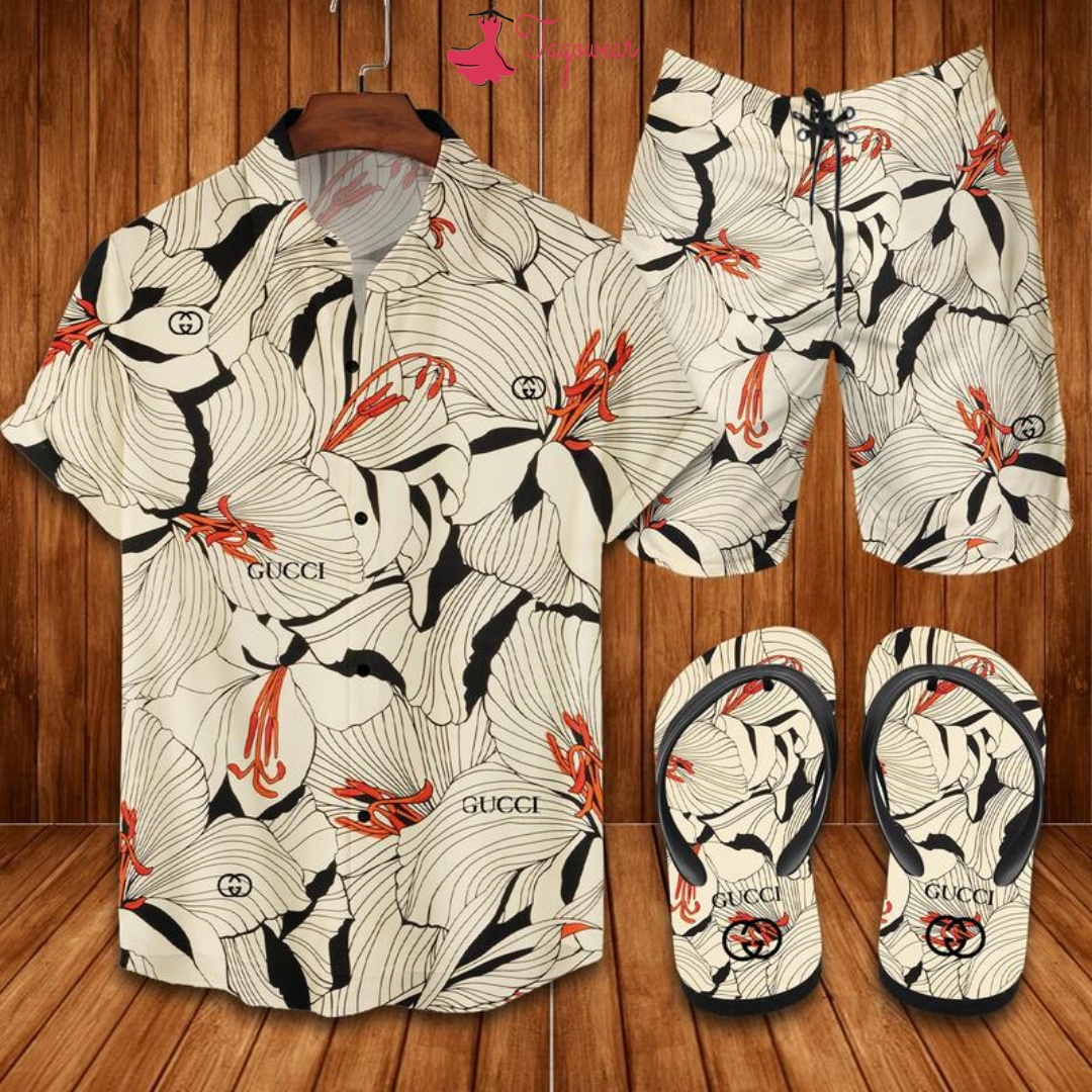 Gucci Flip Flops And Combo Hawaiian Shirt, Beach Shorts Luxury Summer Clothes Style #304