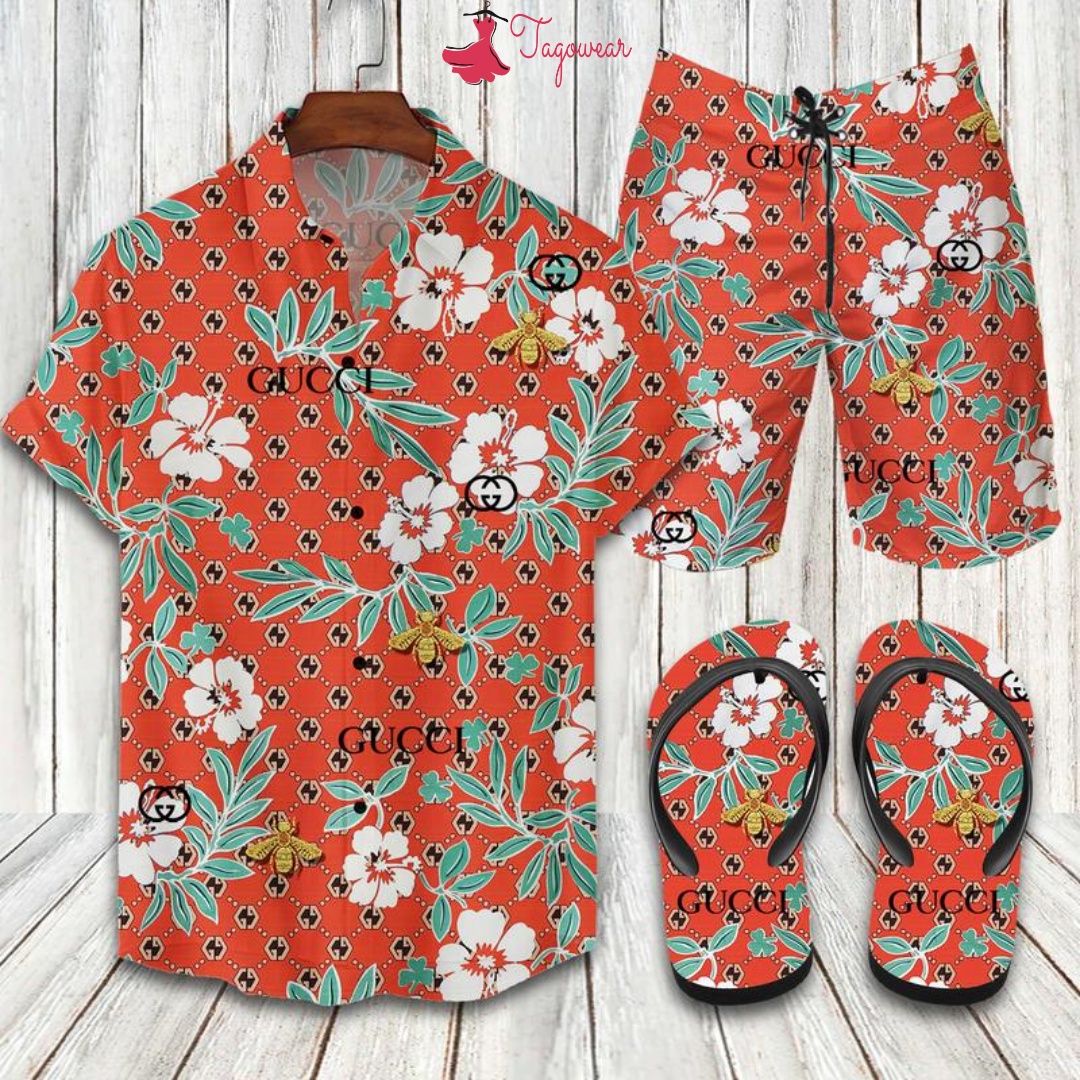 Gucci Flip Flops And Combo Hawaiian Shirt, Beach Shorts Luxury Summer Clothes Style #324