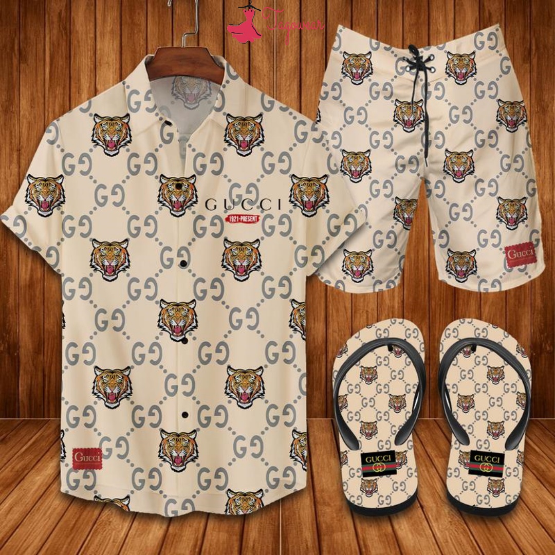 Gucci Flip Flops And Combo Hawaiian Shirt, Beach Shorts Luxury Summer Clothes Style #406