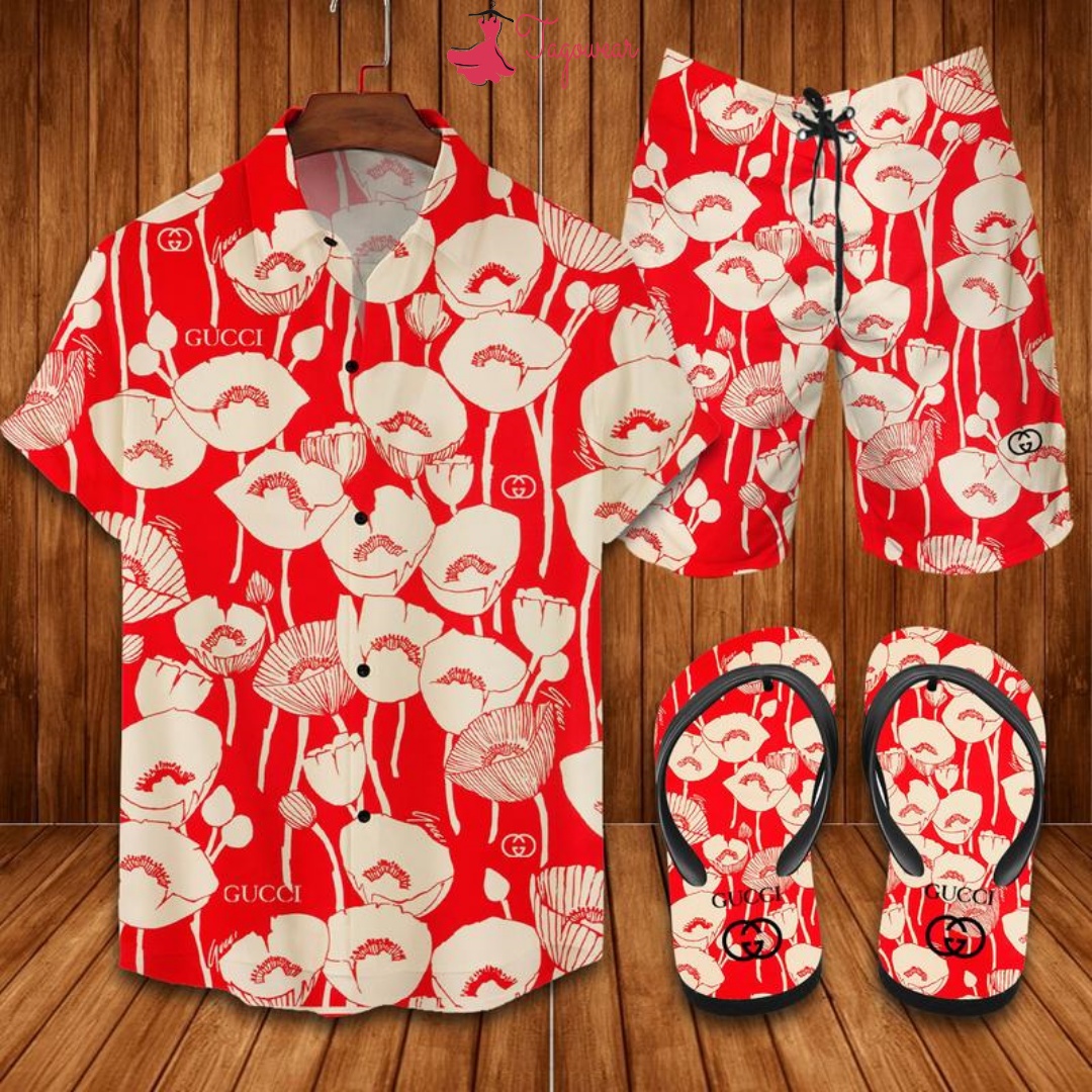 Gucci Flip Flops And Combo Hawaiian Shirt, Beach Shorts Luxury Summer Clothes Style #421