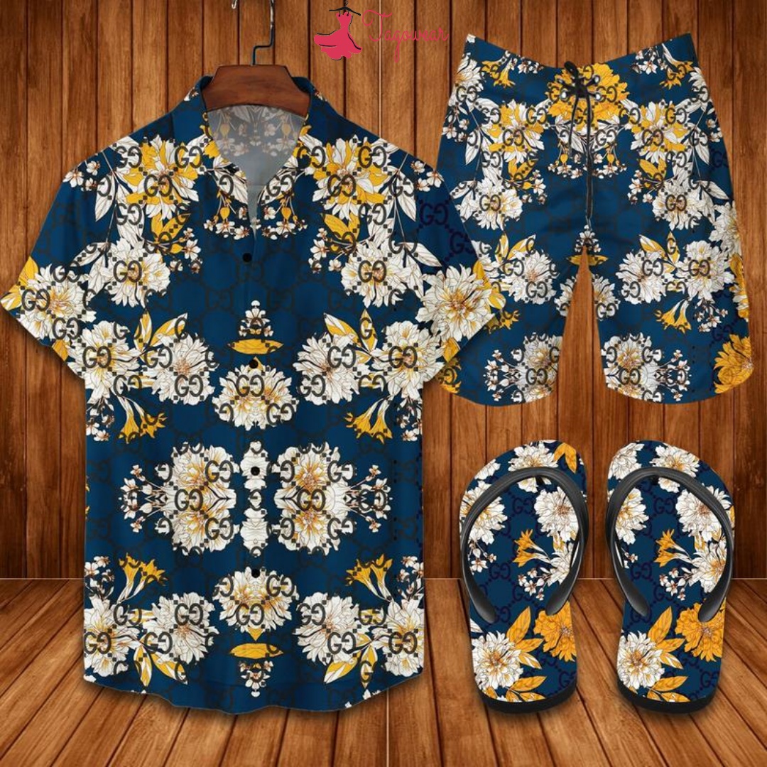 Gucci Flip Flops And Combo Hawaiian Shirt, Beach Shorts Luxury Summer Clothes Style #473