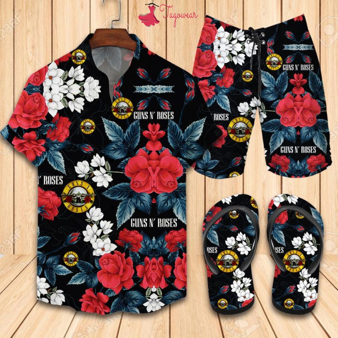 Guns N' Roses Flip Flops And Combo Hawaiian Shirt, Beach Shorts Luxury Summer Clothes Style #302