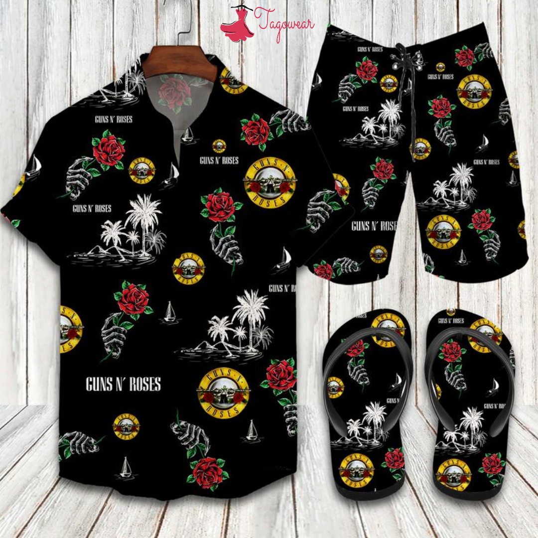 Guns N' Roses Flip Flops And Combo Hawaiian Shirt, Beach Shorts Luxury Summer Clothes Style #407