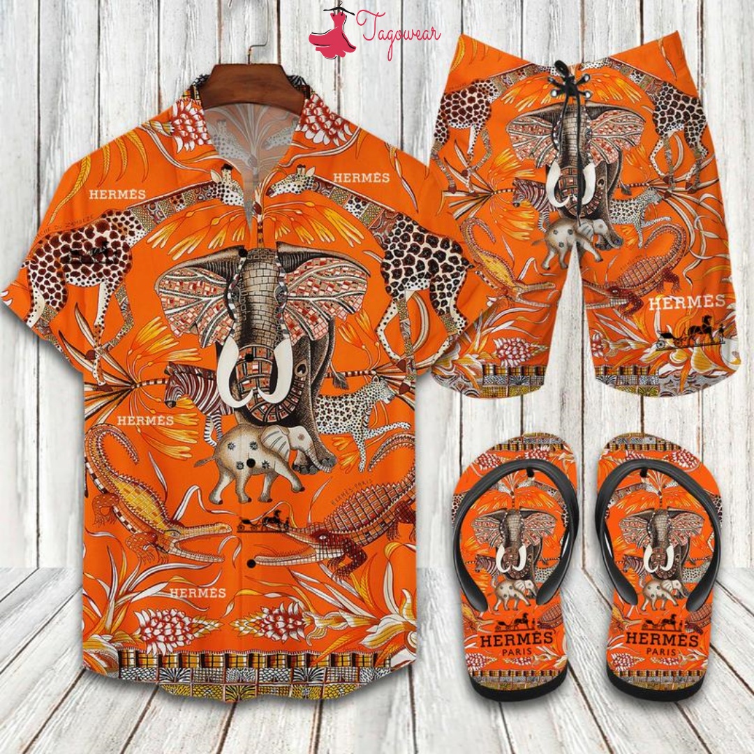 Hermes Flip Flops And Combo Hawaiian Shirt, Beach Shorts Luxury Summer Clothes Style #243