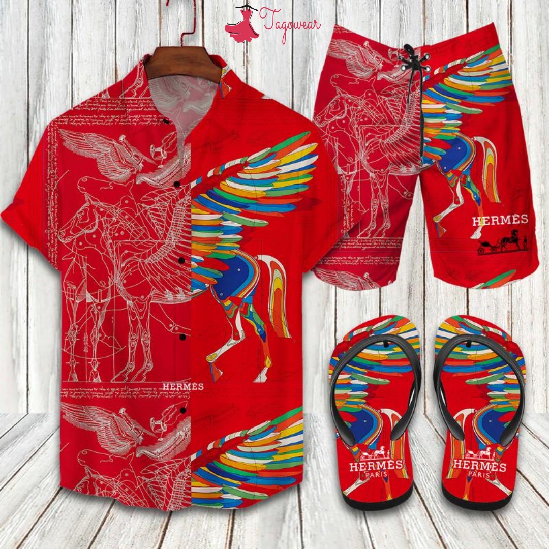 Hermes Flip Flops And Combo Hawaiian Shirt, Beach Shorts Luxury Summer Clothes Style #288