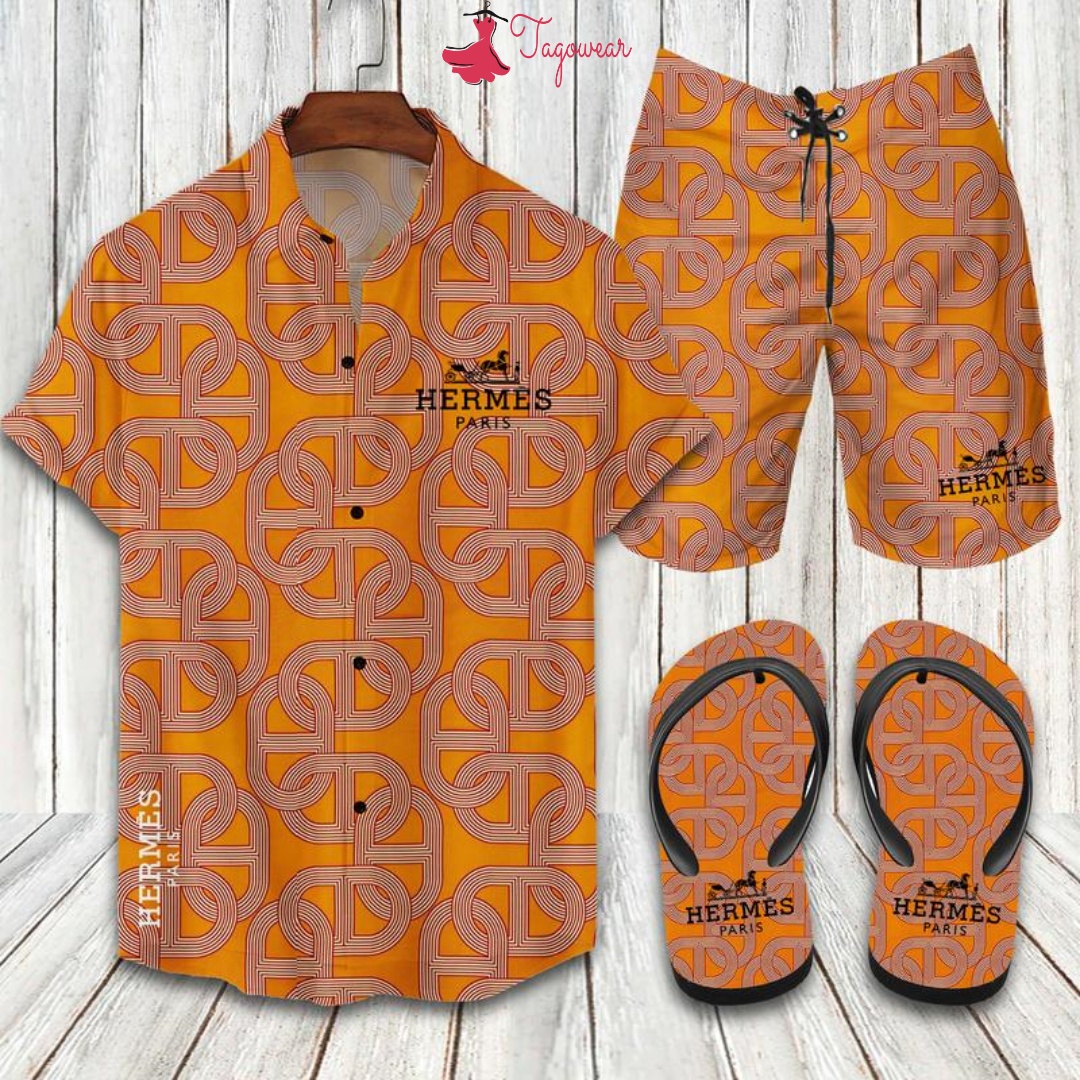 Hermes Flip Flops And Combo Hawaiian Shirt, Beach Shorts Luxury Summer Clothes Style #303
