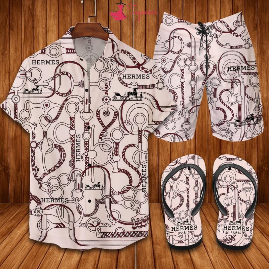 Hermes Flip Flops And Combo Hawaiian Shirt, Beach Shorts Luxury Summer Clothes Style #348