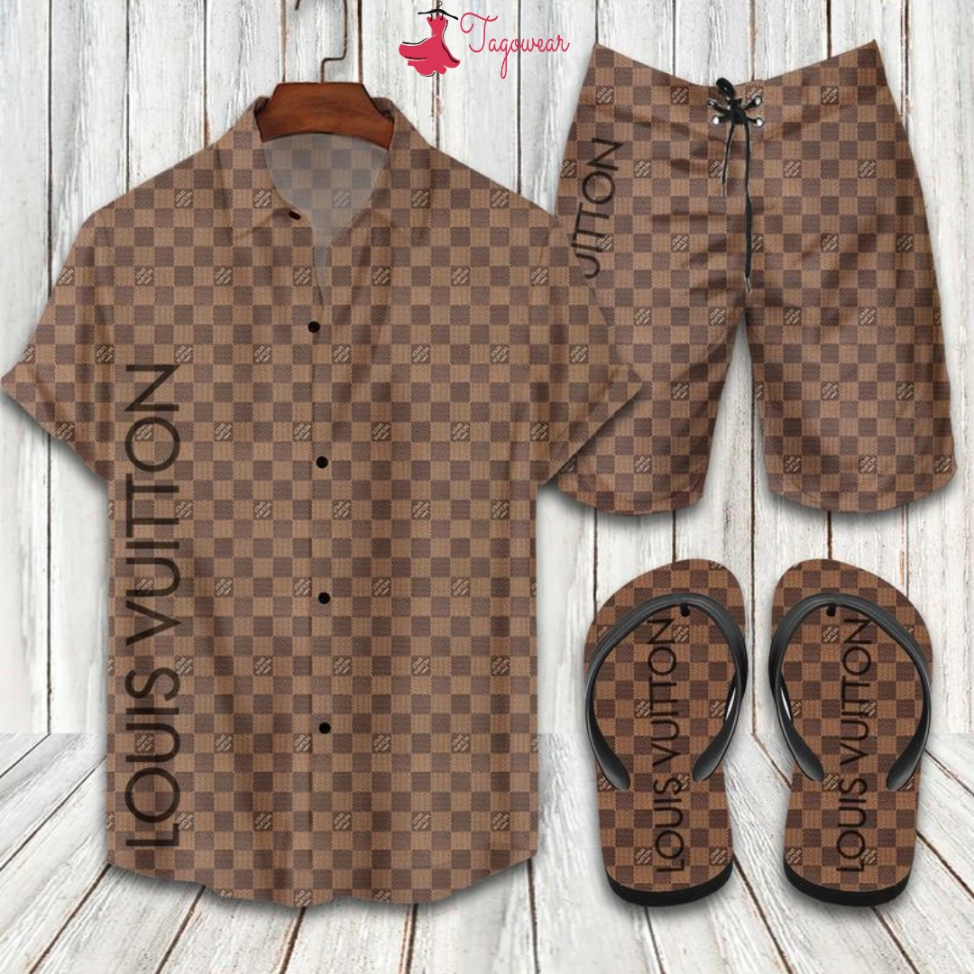 Louis Vuitton Combo Hawaiian Shirt, Beach Shorts Flip Flops Luxury Summer Clothes Style #350
