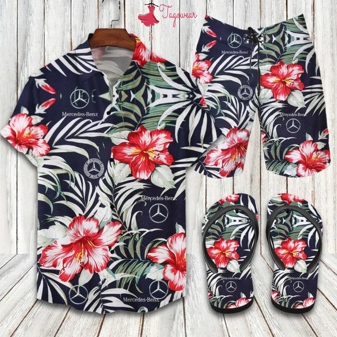 Mercedes Flip Flops And Combo Hawaiian Shirt, Beach Shorts Luxury Summer Clothes Style #440