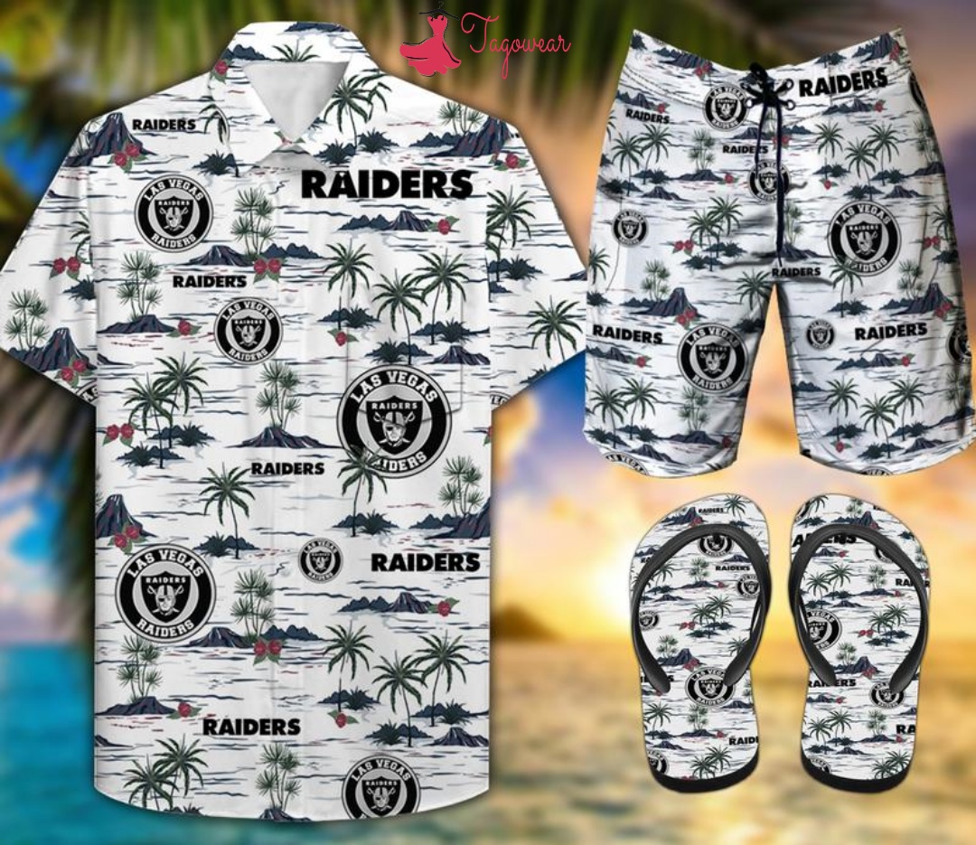 Raiders Combo Hawaiian Shirt, Beach Shorts Flip Flops Luxury Summer Clothes Style #427