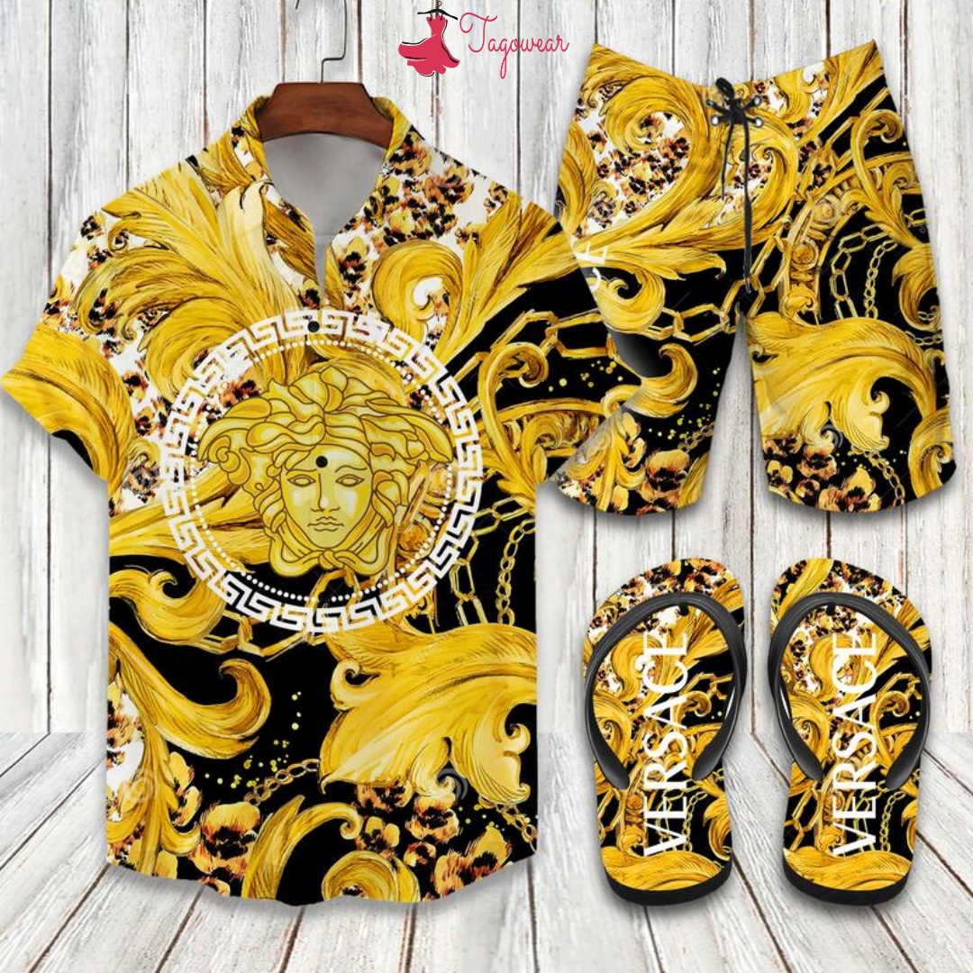 Versace Flip Flops And Combo Hawaiian Shirt, Beach Shorts Luxury Summer Clothes Style #107