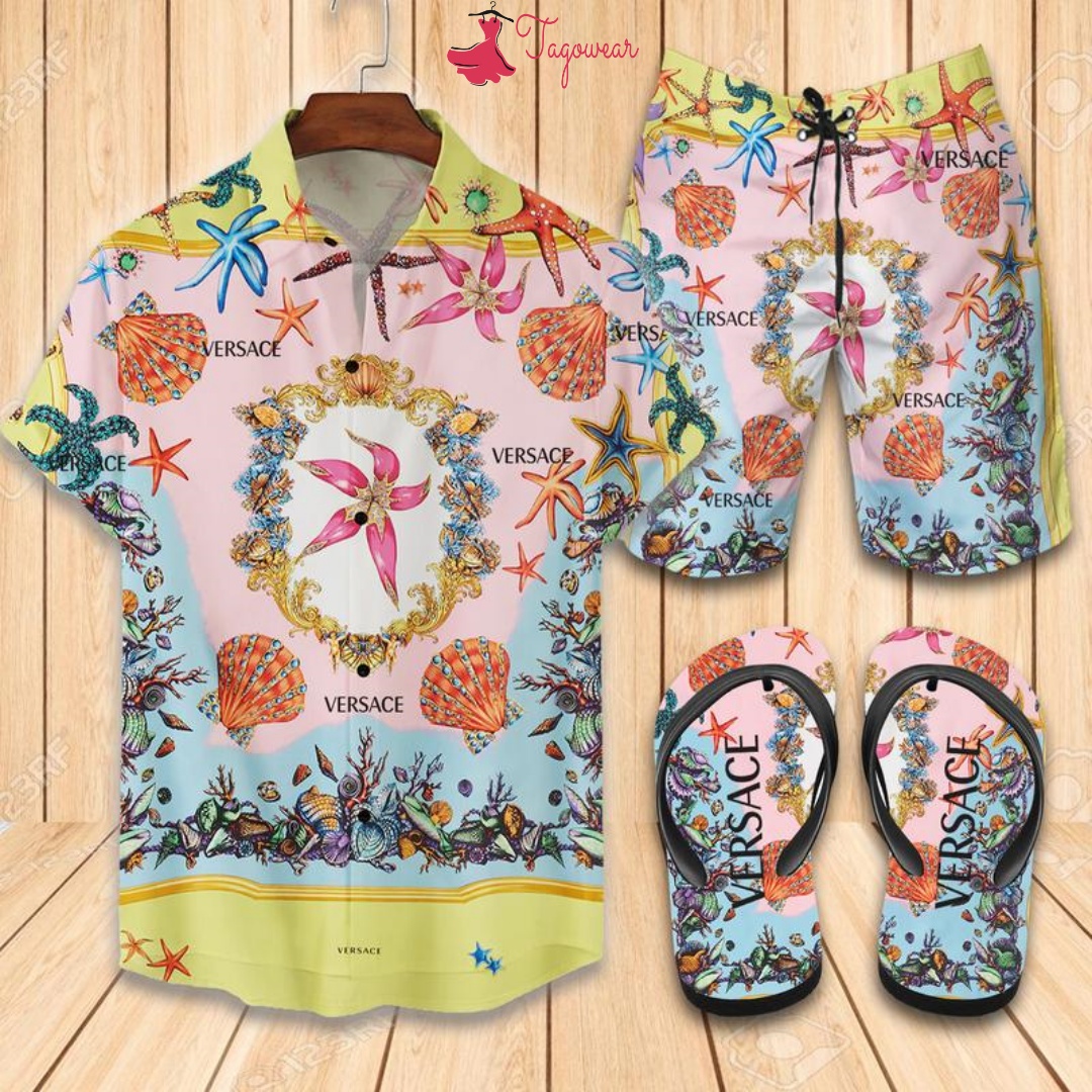 Versace Flip Flops And Combo Hawaiian Shirt, Beach Shorts Luxury Summer Clothes Style #124