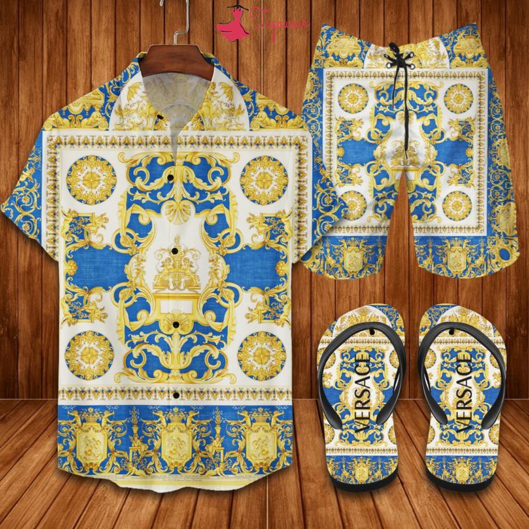 Versace Flip Flops And Combo Hawaiian Shirt, Beach Shorts Luxury Summer Clothes Style #133