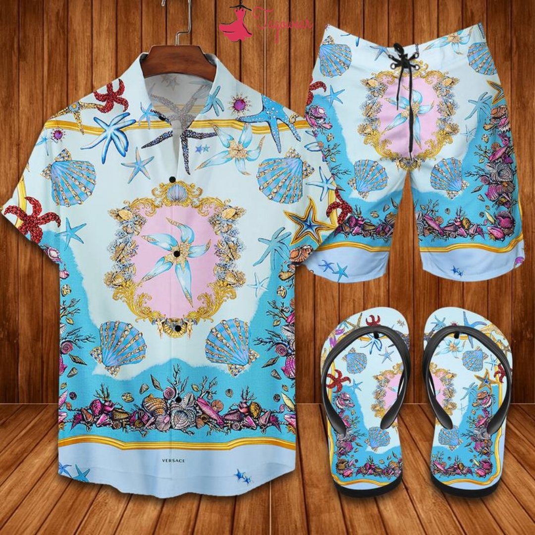 Versace Flip Flops And Combo Hawaiian Shirt, Beach Shorts Luxury Summer Clothes Style #149