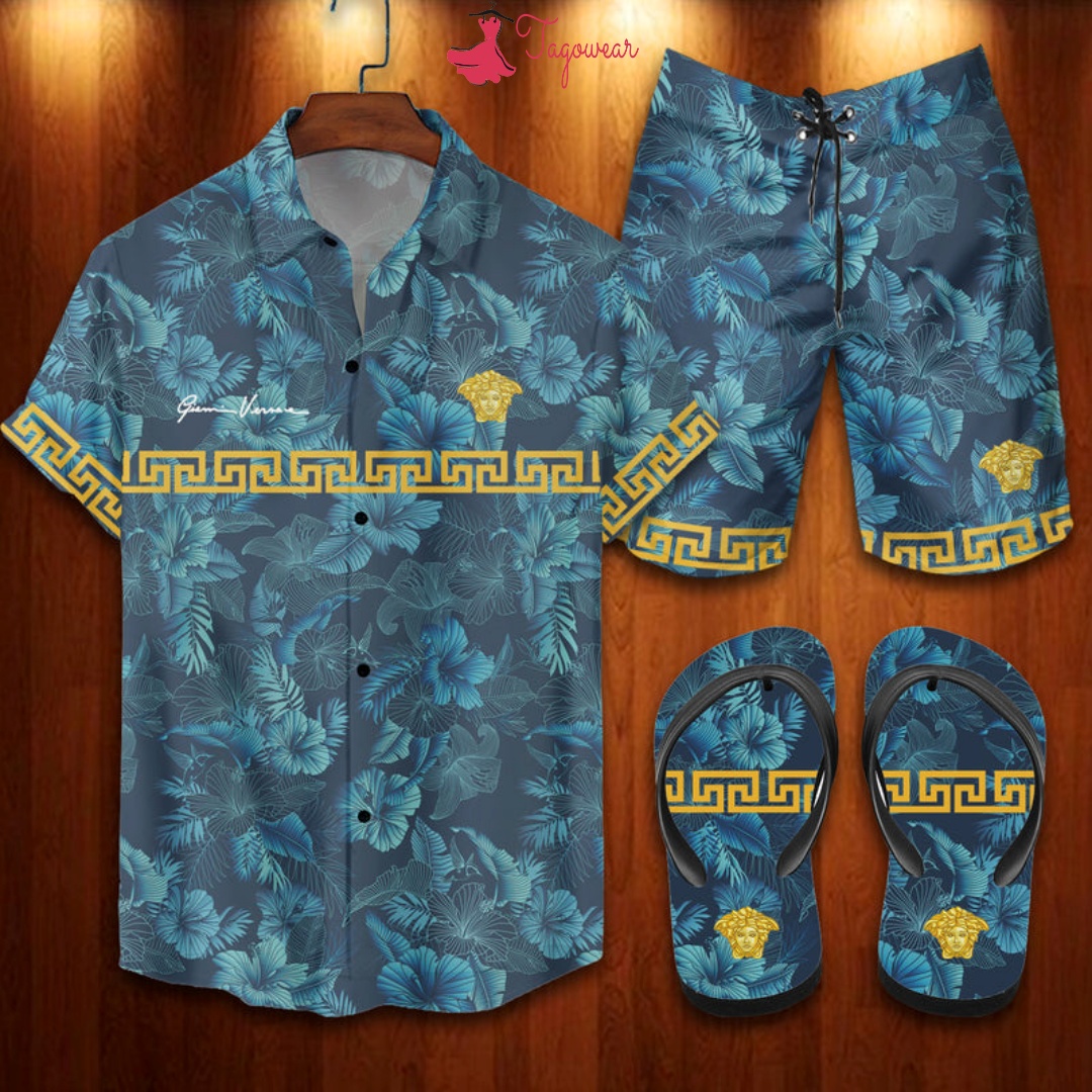 Versace Flip Flops And Combo Hawaiian Shirt, Beach Shorts Luxury Summer Clothes Style #230