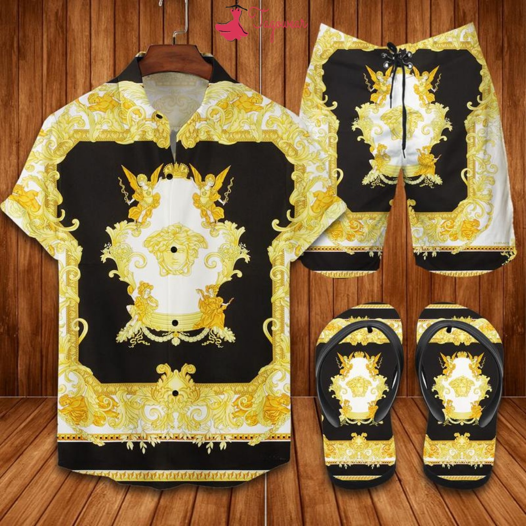 Versace Flip Flops And Combo Hawaiian Shirt, Beach Shorts Luxury Summer Clothes Style #353
