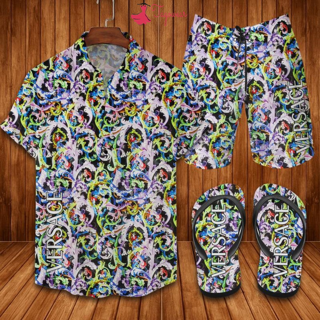 Versace Flip Flops And Combo Hawaiian Shirt, Beach Shorts Luxury Summer Clothes Style #374