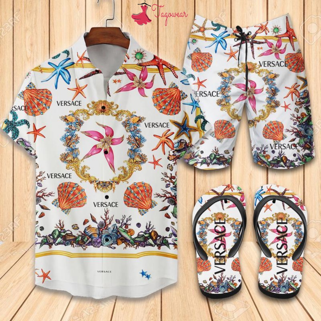 Versace Flip Flops And Combo Hawaiian Shirt, Beach Shorts Luxury Summer Clothes Style #497