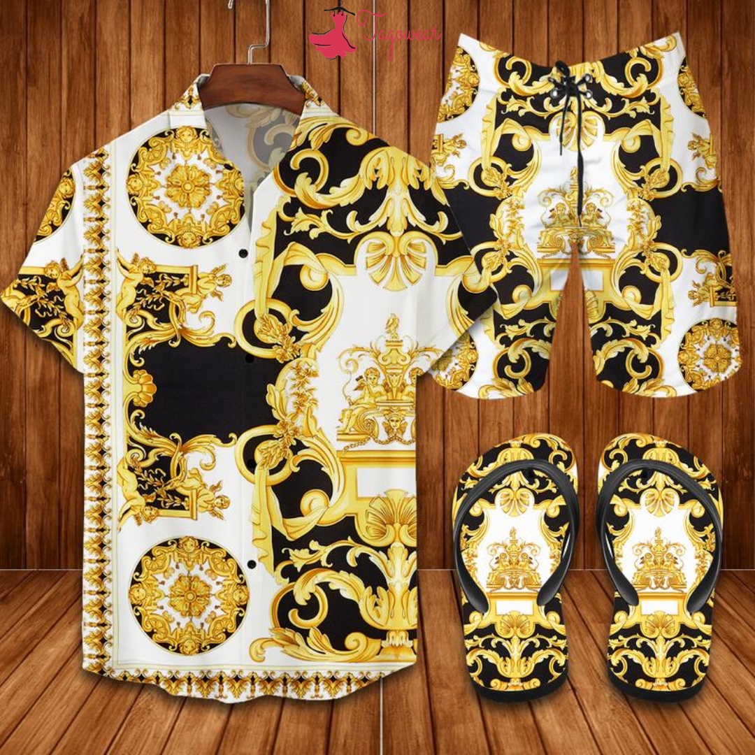 Versace Flip Flops And Combo Hawaiian Shirt, Beach Shorts Luxury Summer Clothes Style #516
