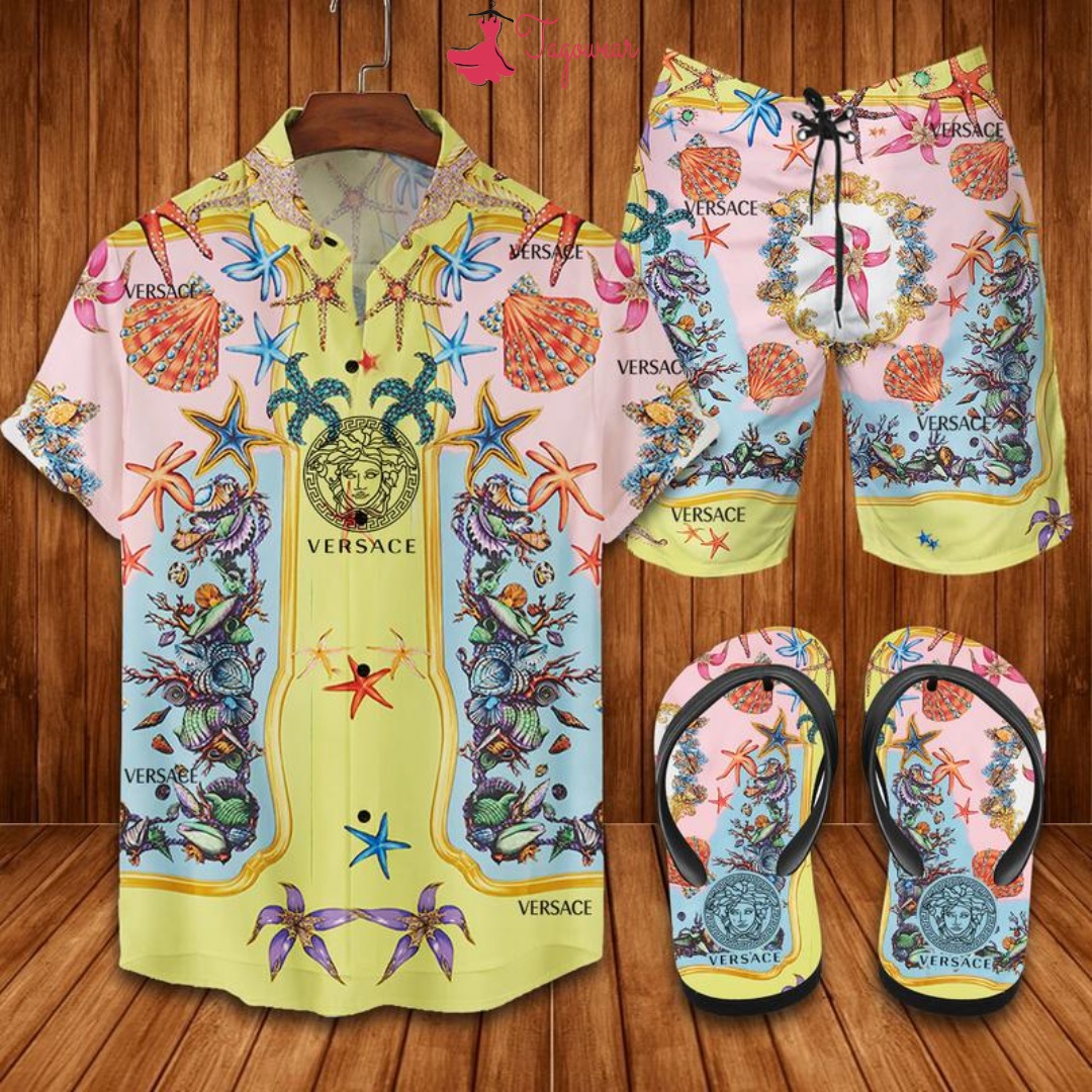 Versace Flip Flops And Combo Hawaiian Shirt, Beach Shorts Luxury Summer Clothes Style #526