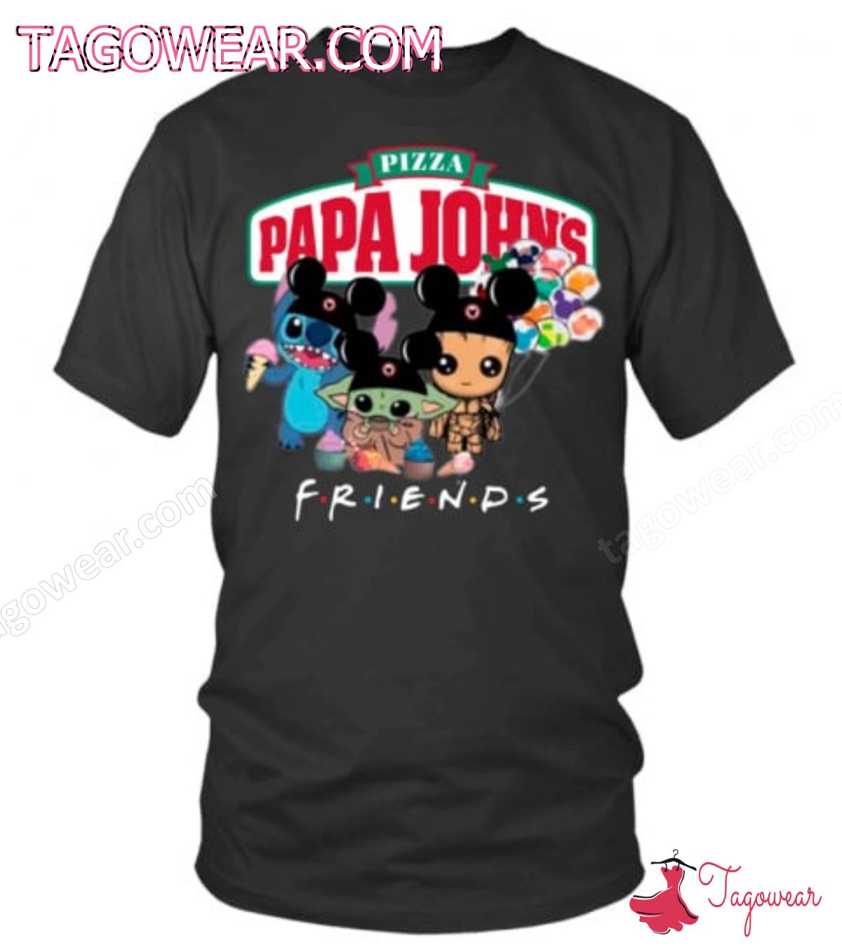 Papa John's Pizza Baby Stitch Groot Yoda Friends Shirt