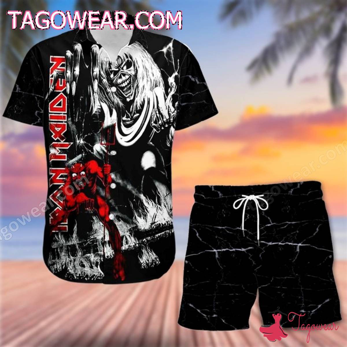 Iron Maiden Rock Band Black Marble Texture Hawaiian Shirt And Shorts