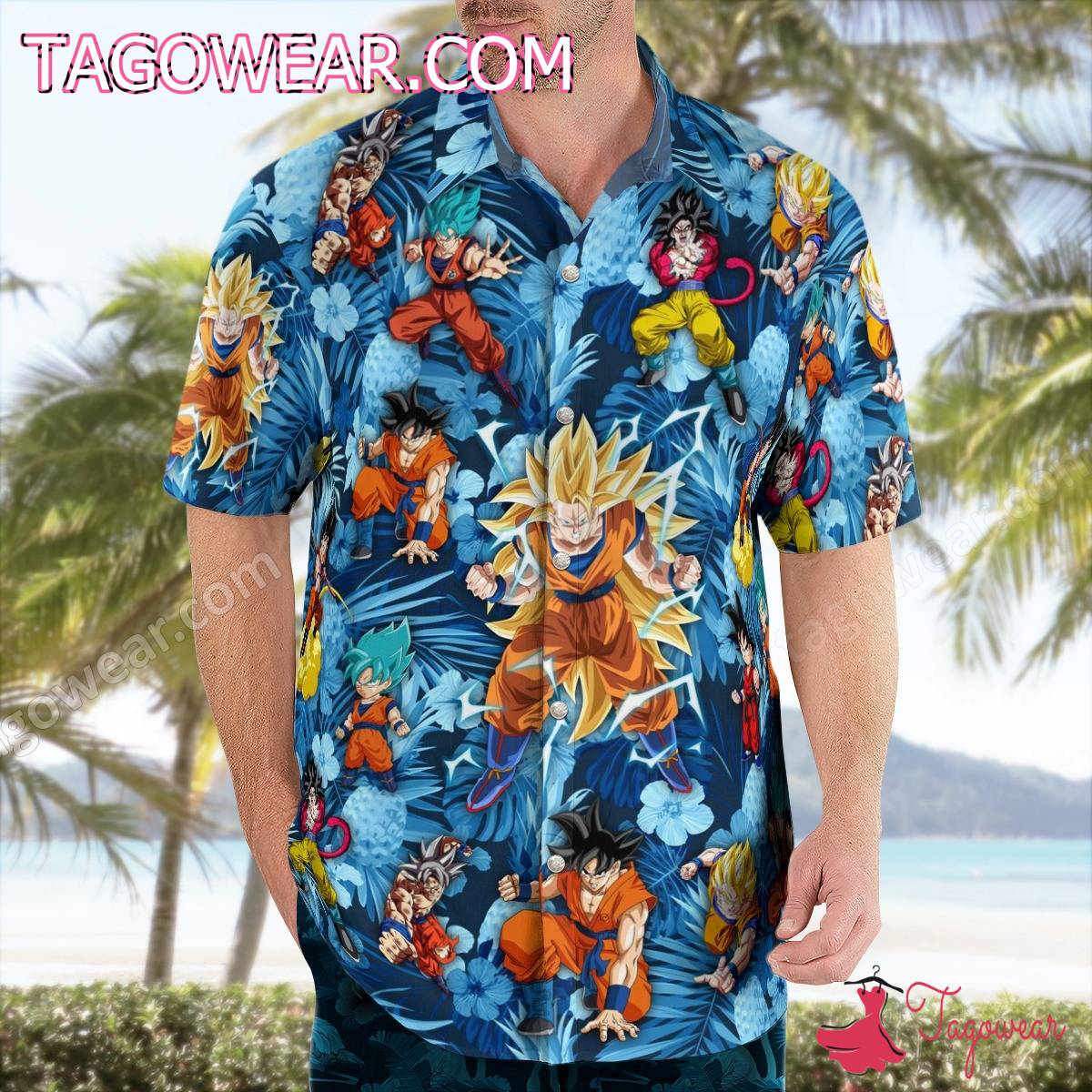 Songoku Dragon Ball Floral Tropical Pineapple Blue Hawaiian Shirt