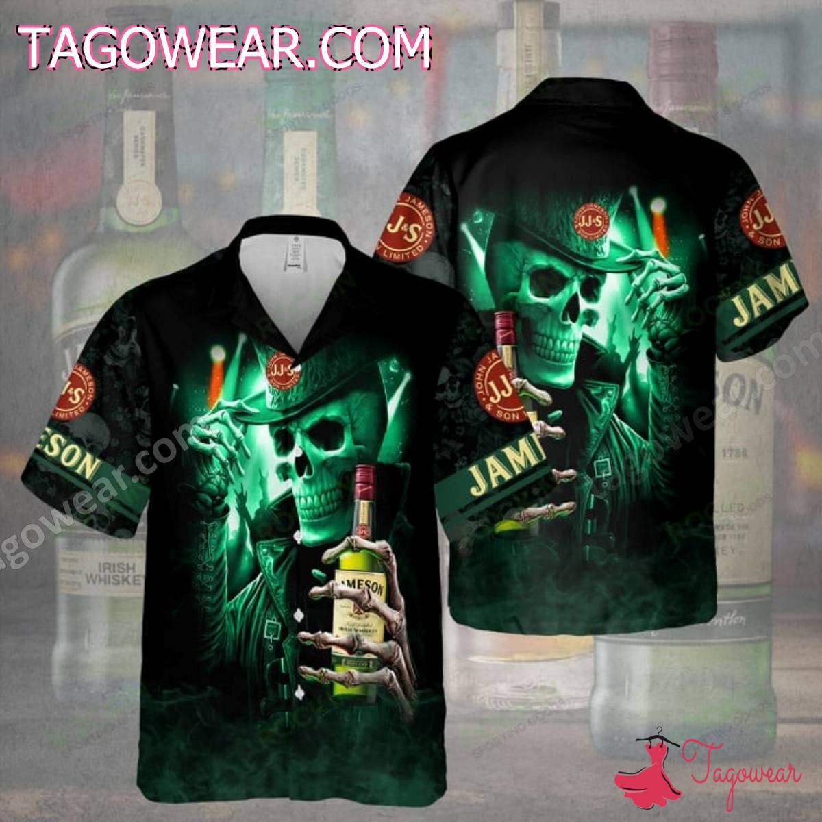 Jameson Whiskey Green Skull Wearing Hat Hawaiian Shirt