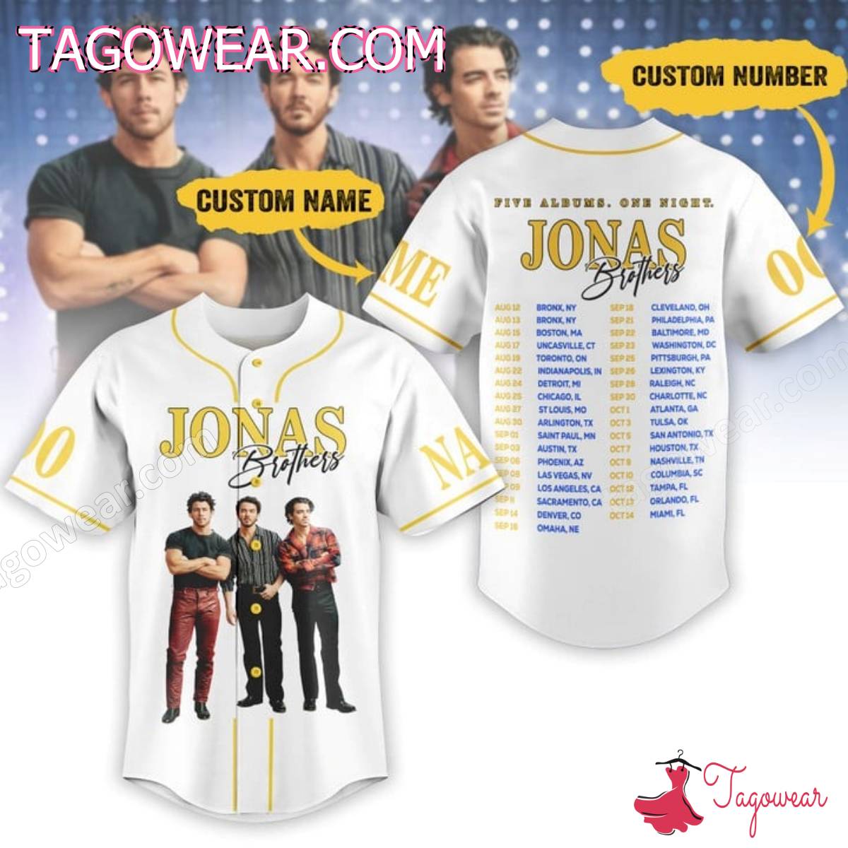 Jonas Brothers Five Albums One Night Tour Dates Personalized Baseball Jersey