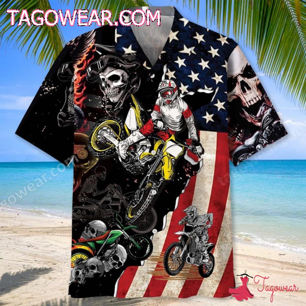 Motocross Skull American Flag Hawaiian Shirt