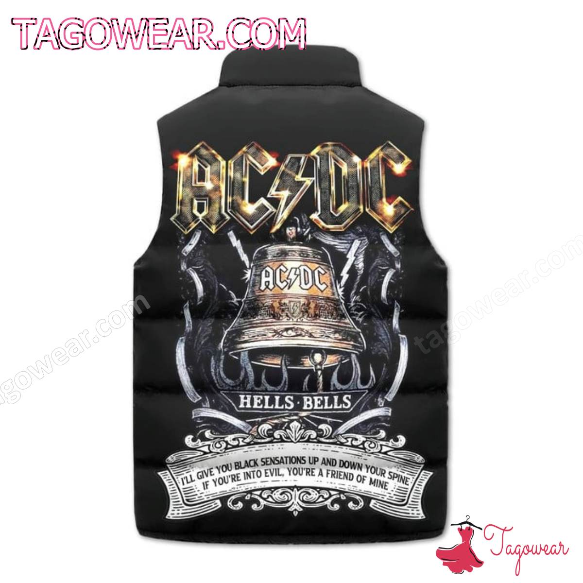 Ac Dc Hells Bells I'll Give You Black Sensations Up And Down Your Spine Puffer Vest b