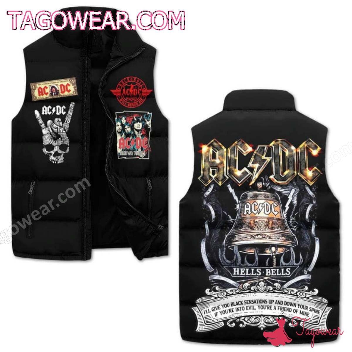Ac Dc Hells Bells I'll Give You Black Sensations Up And Down Your Spine Puffer Vest