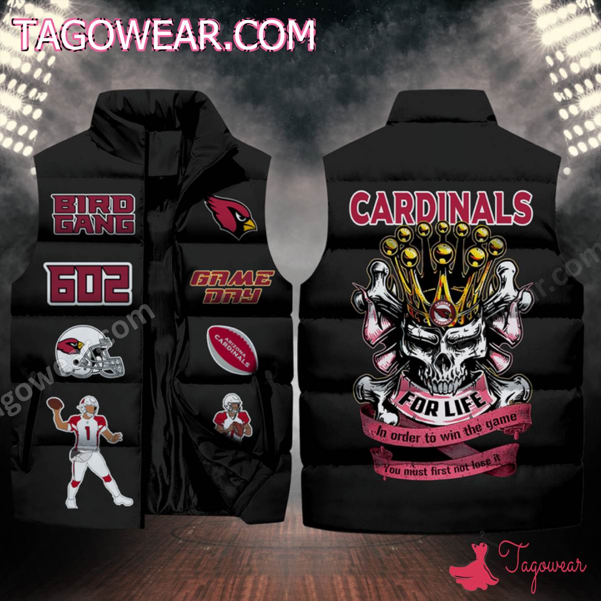 NFL Arizona Cardinals Skull For Life In Order To Win The Game Puffer Sleeveless Jacket